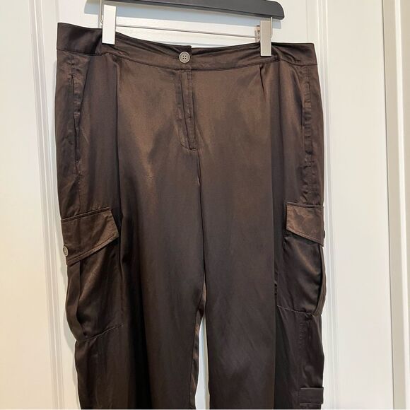 Chico's Casablanca Brown Silk/Cotton Blend Satin Cargo Joggers Sz. 3 (XL/16) - Picture 3 of 15